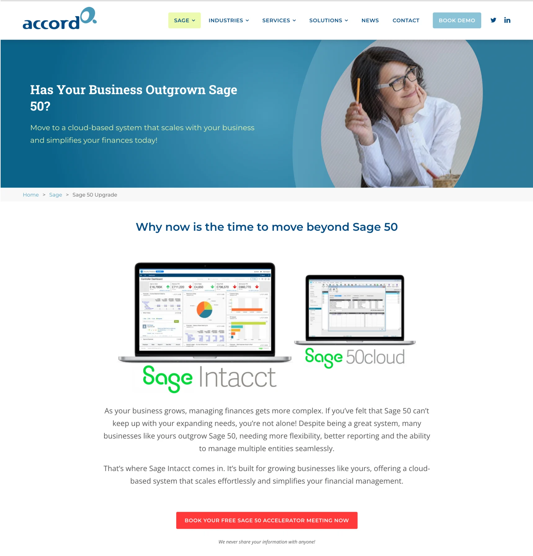accord's Sage 50 migration landing page, with the heading “Has Your Business Outgrown Sage 50?”, an introduction to Sage Intacct and a red meeting-booking button.