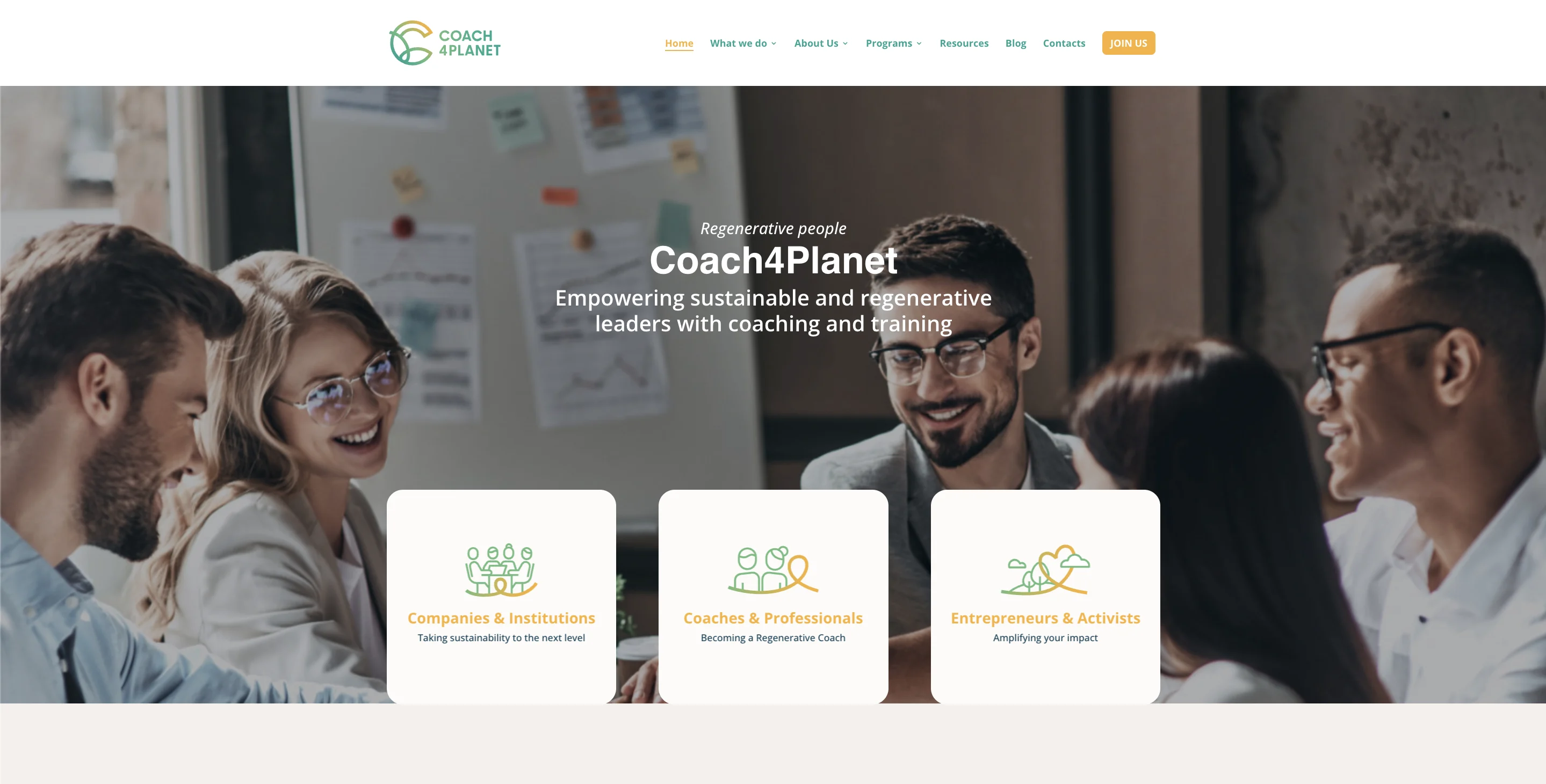 Coach4Planet homepage introducing its coaching and training and its three audience groups.